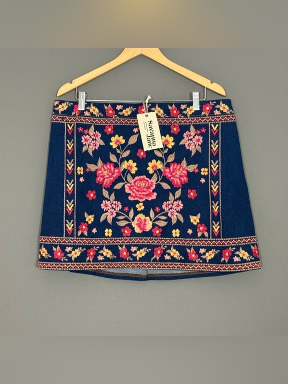 Savanna Jane Embroidered Floral Denim Mini Skirt Women’s 1X Boho Cottagecore